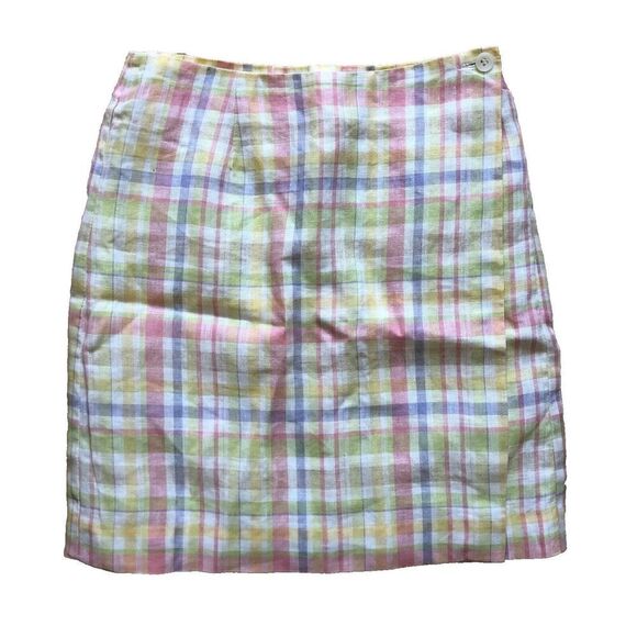 Vintage Rainbow Pastel Plaid Wrap Skirt Size XS Liz Claiborne 90s Linen - Picture 1 of 4